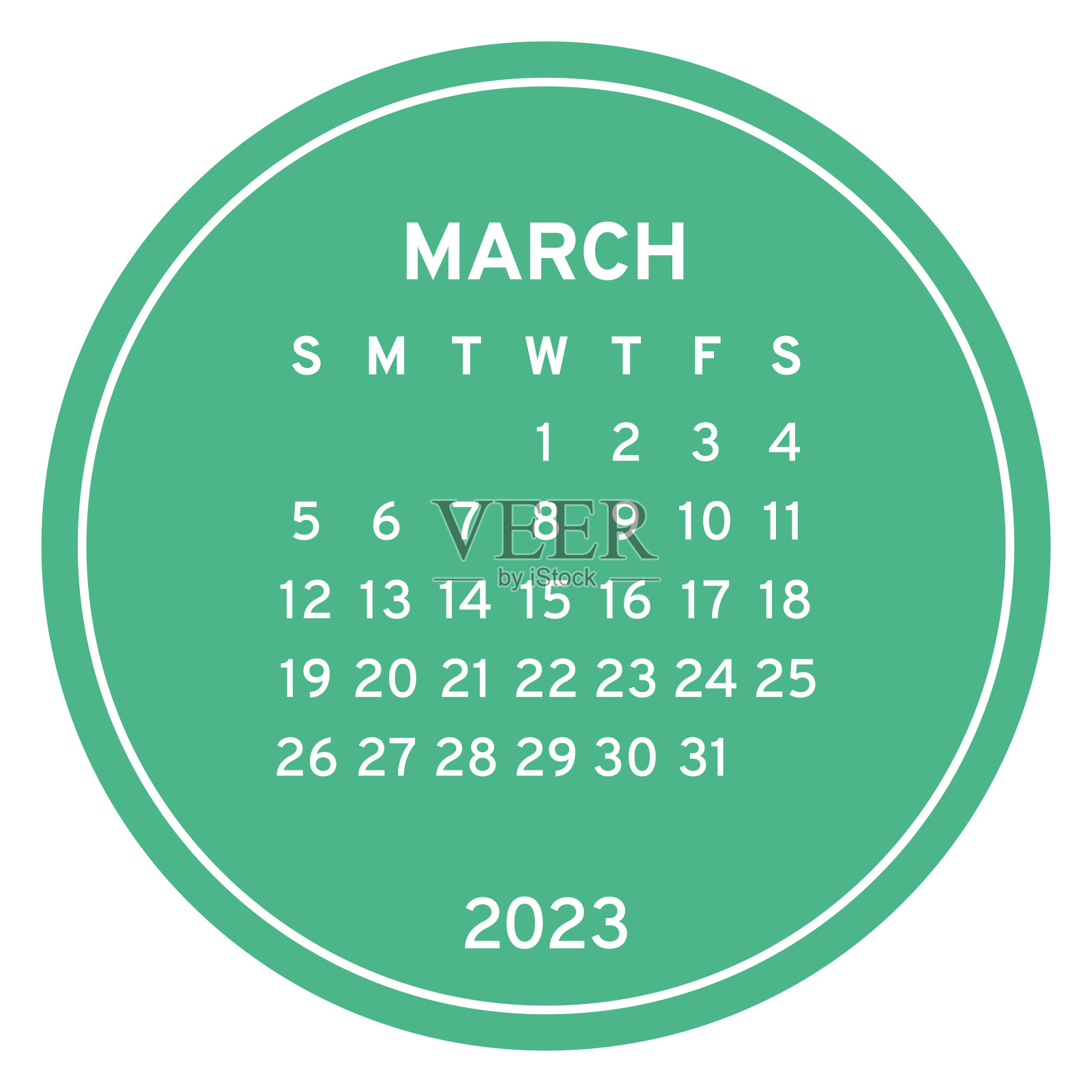 2023年3月日历。彩色英文圆日历插画图片素材