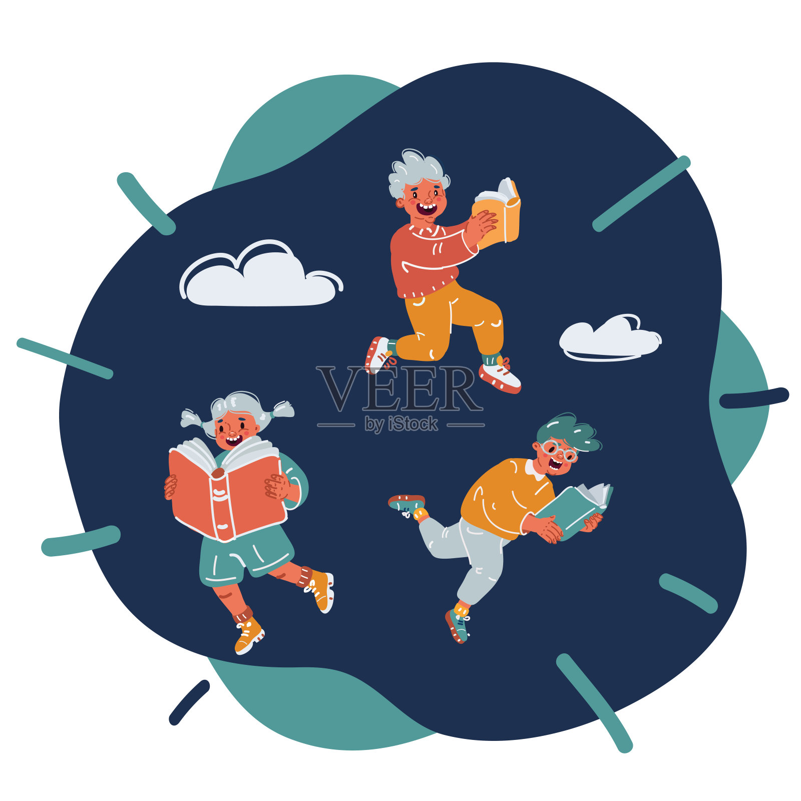 有趣的孩子飞行和读书的卡通矢量插图插画图片素材