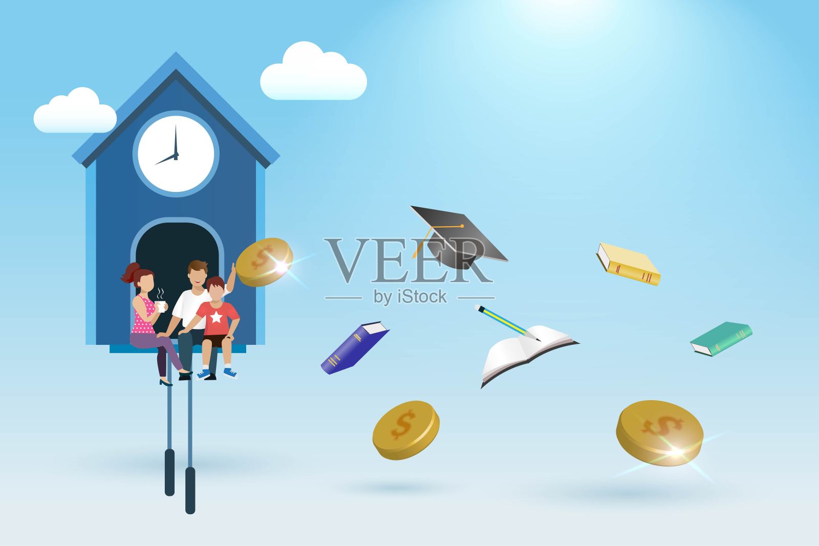 儿童教育投资的家庭财务计划。幸福的家庭在时钟与金币投资回报和毕业帽和学校文具。插画图片素材