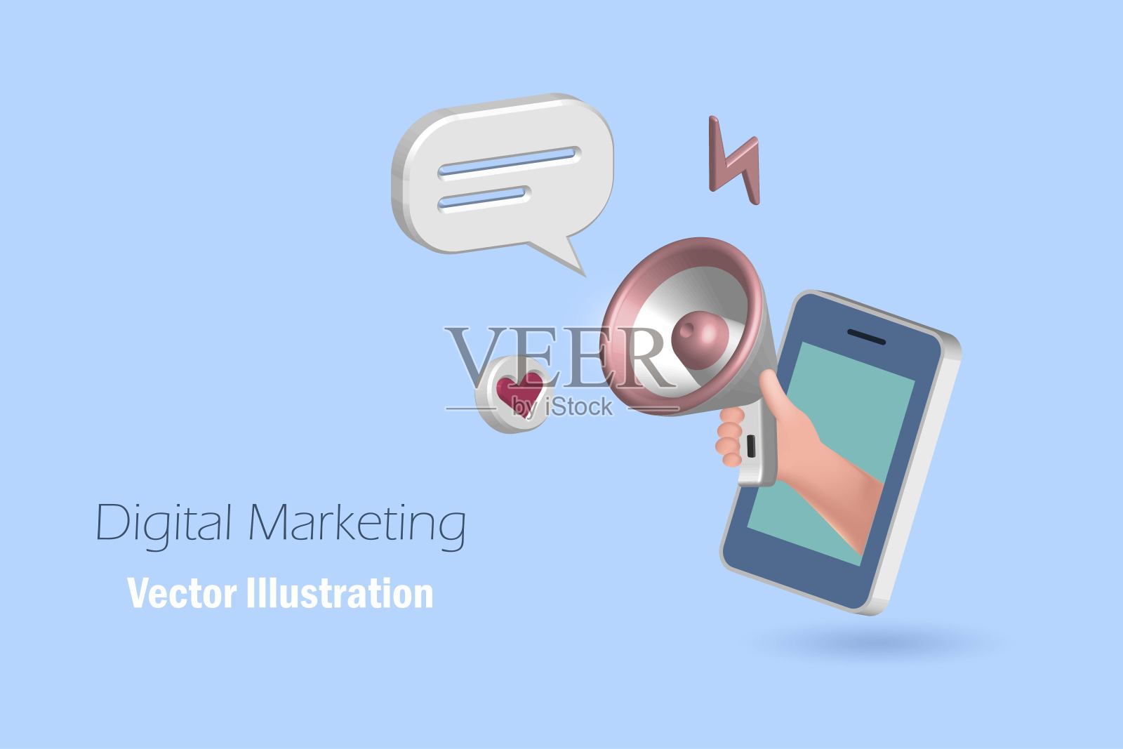 手持扩音器从移动与语音气泡。数字营销与推广传播理念。3D逼真的矢量模板，横幅。插画图片素材