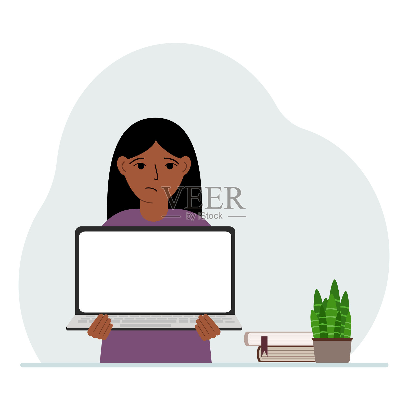 一个小女孩手里拿着一台笔记本电脑。在线学习的概念，呆在家里，在家教育。插画图片素材