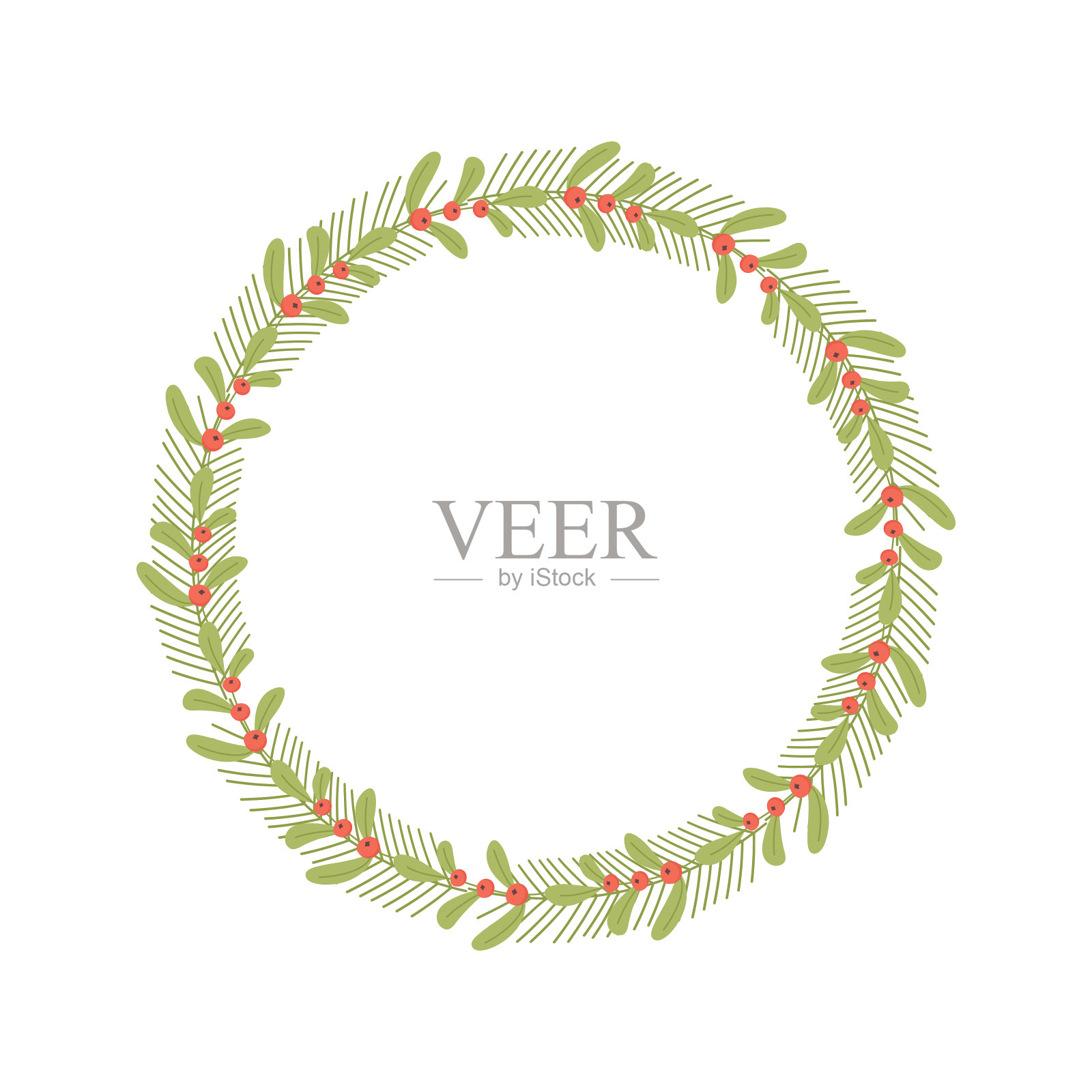 白色背景的圣诞花环快乐。绿色的冷杉枝和红色的浆果。插画图片素材