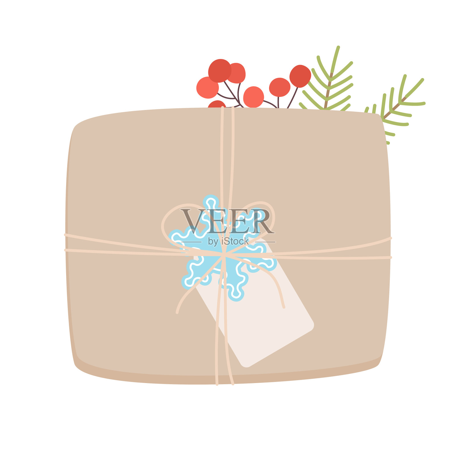 圣诞礼盒与浆果和杉树的树枝。平的卡通风格。插画图片素材