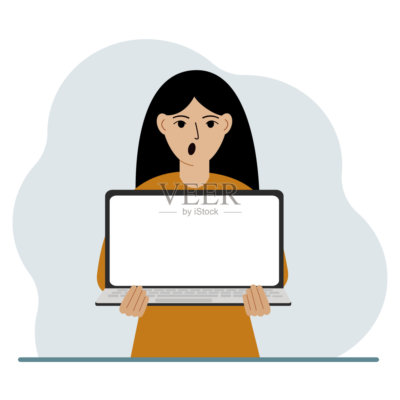 女子拿着笔记本电脑，屏幕背对着他。在笔记本电脑的屏幕上有一个放置文本的地方。笔记本电脑技术概念，在线教育，在线工作。插画图片素材