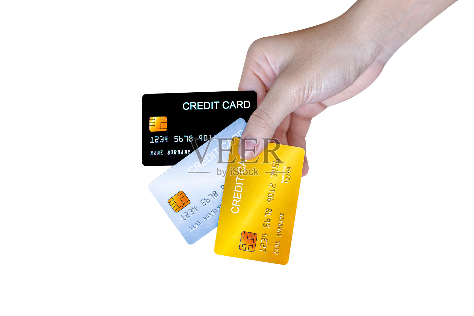 手显示信用卡隔离在白色背景。照片摄影图片