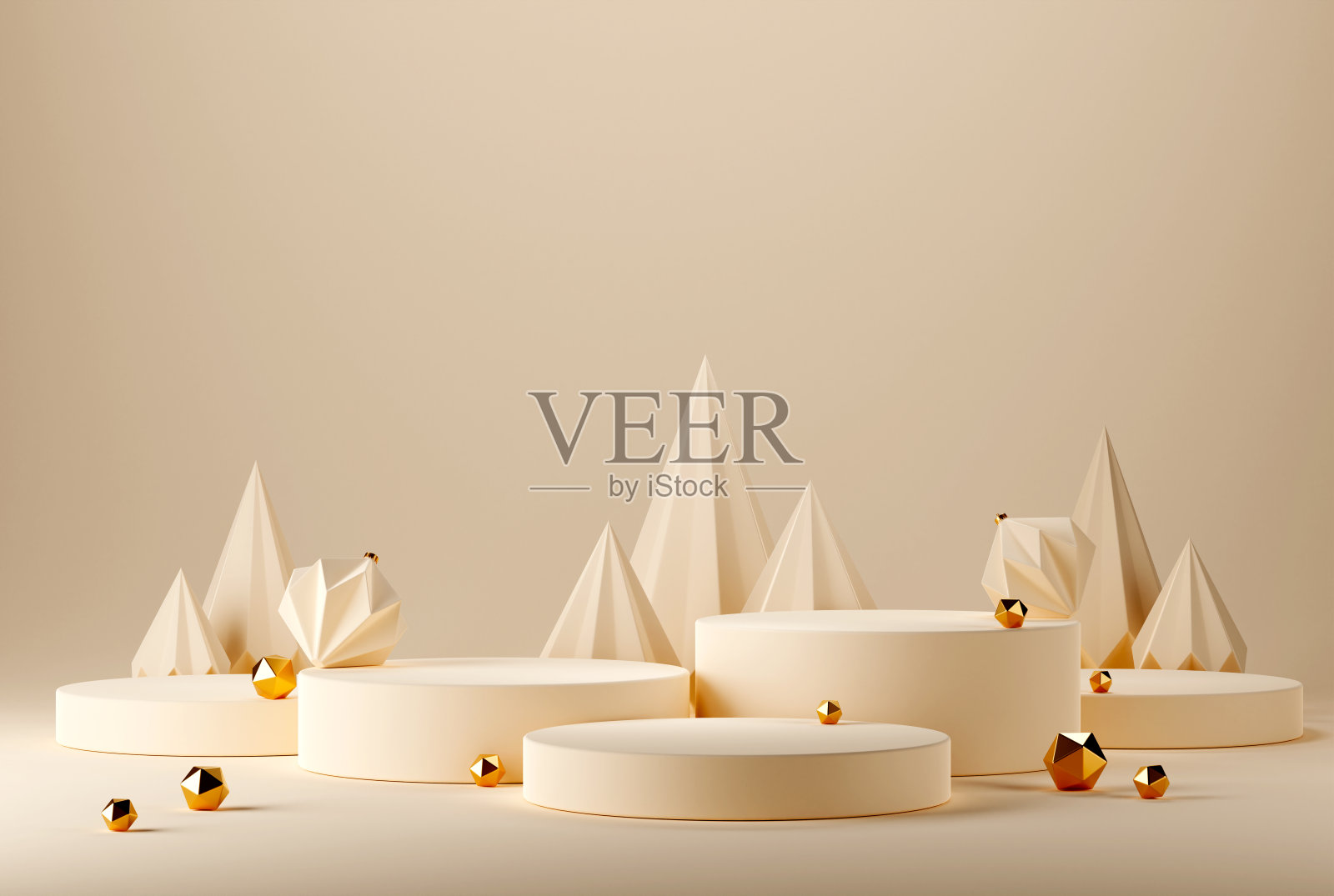 3D抽象圣诞米色背景与几何圣诞树，装饰品照片摄影图片