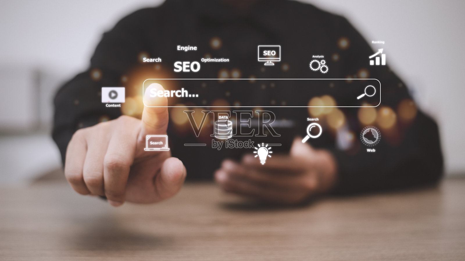 搜索引擎优化。搜索引擎优化。数字在线营销和以太网技术概念。照片摄影图片