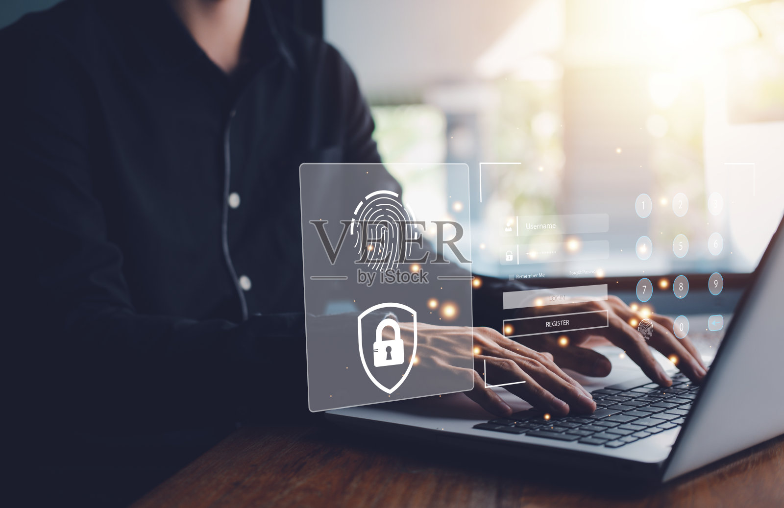 科技网络安全互联网及网络系统用户名及密码(登录)。商人用手提电脑打字。加密，生物识别指纹扫描仪。照片摄影图片