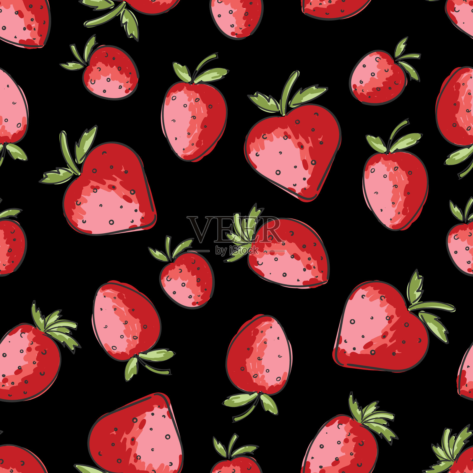红草莓图案。黑色背景的草莓。无缝贝瑞模式插画图片素材