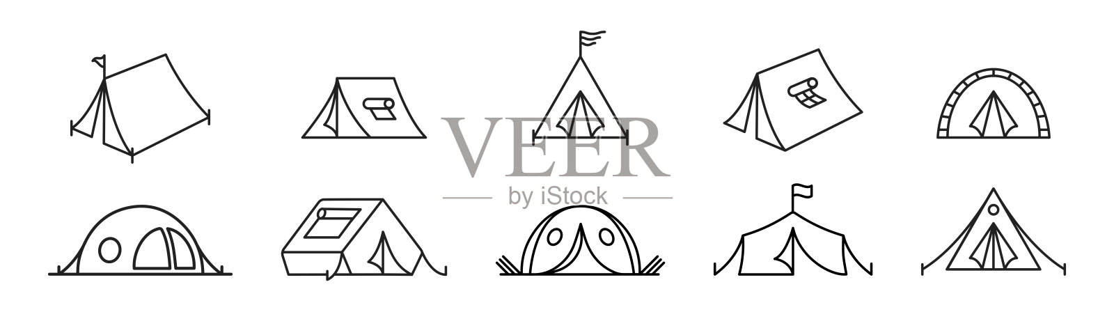 帐篷的图标集。野营和徒步旅行线帐篷。旅游帐篷图标收藏。矢量图插画图片素材