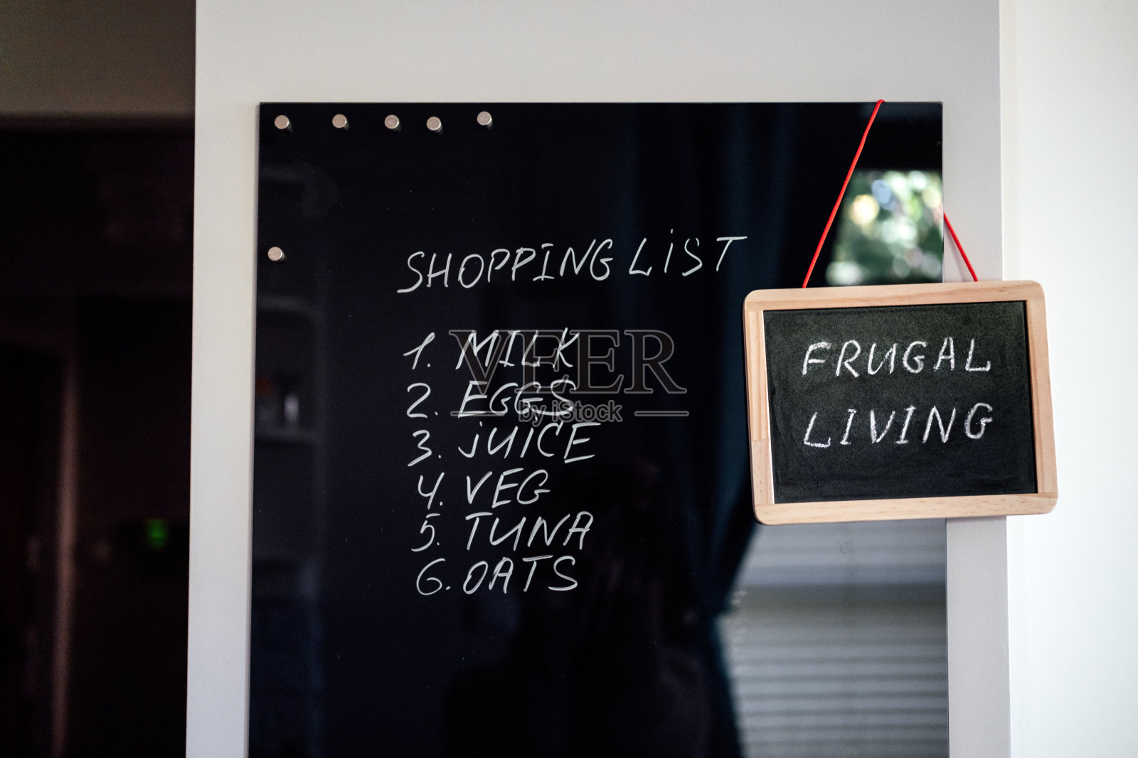 节俭的生活，节省钱，生活廉价的概念与购物清单在纸板和节俭的生活文本在框架在家里的厨房照片摄影图片