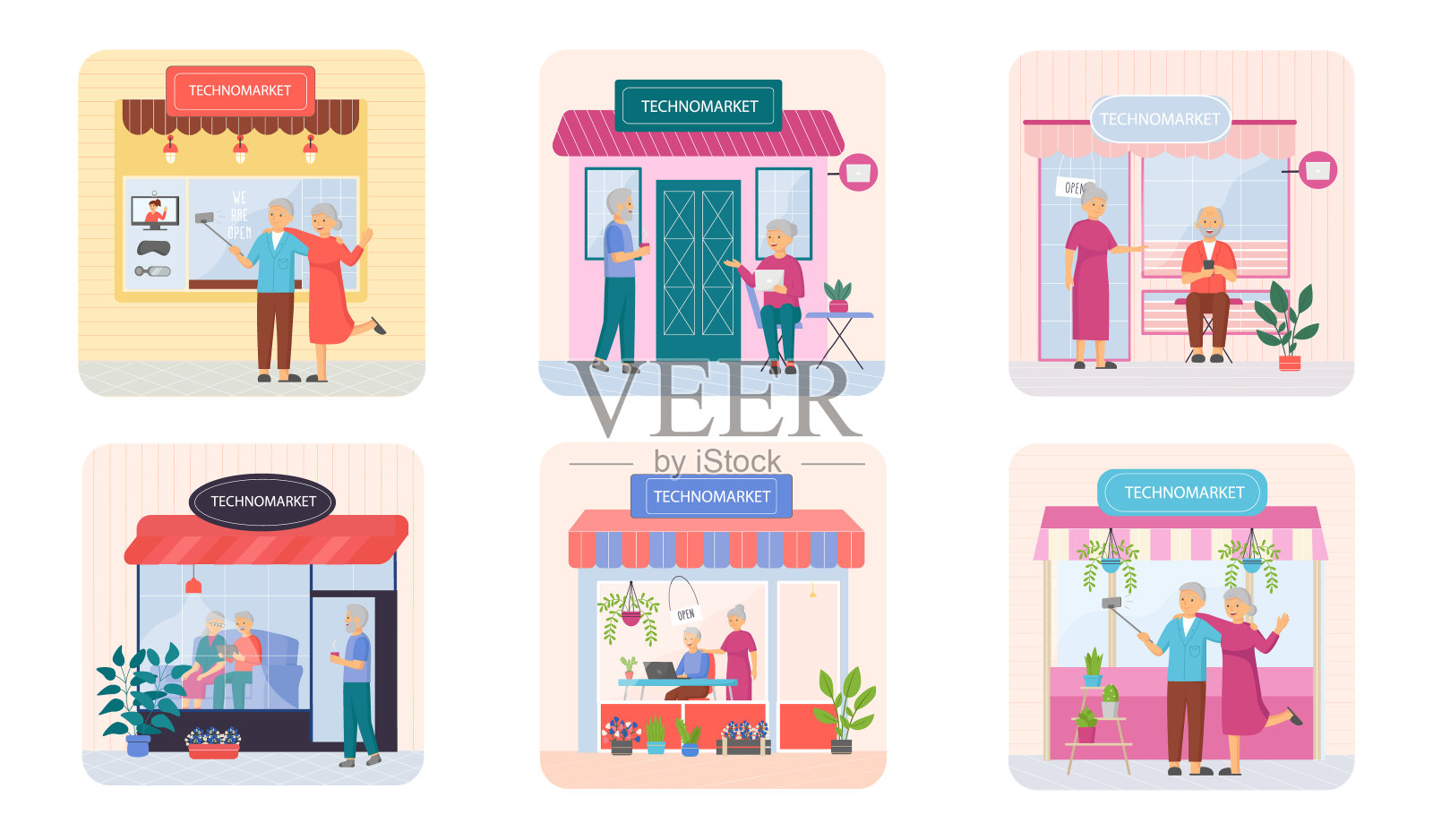 老人玩电子游戏。拥有不同小工具的老年人。年长的计算机教育插画图片素材