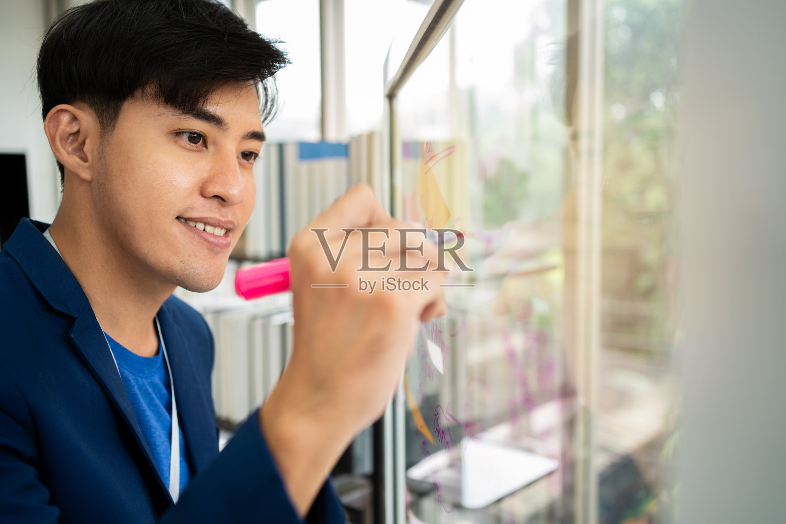 年轻有创意的商人拿着马克笔，在玻璃墙上用便利贴写下计划和分享想法，在科技创业办公室进行头脑风暴，讨论和制定商业战略。照片摄影图片