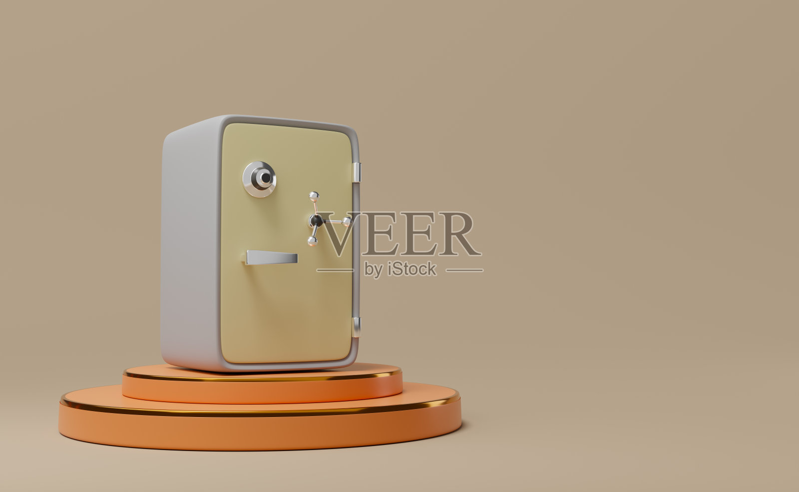 橙色讲台与保险箱在棕色背景，商业银行概念，3d插图或3d渲染照片摄影图片