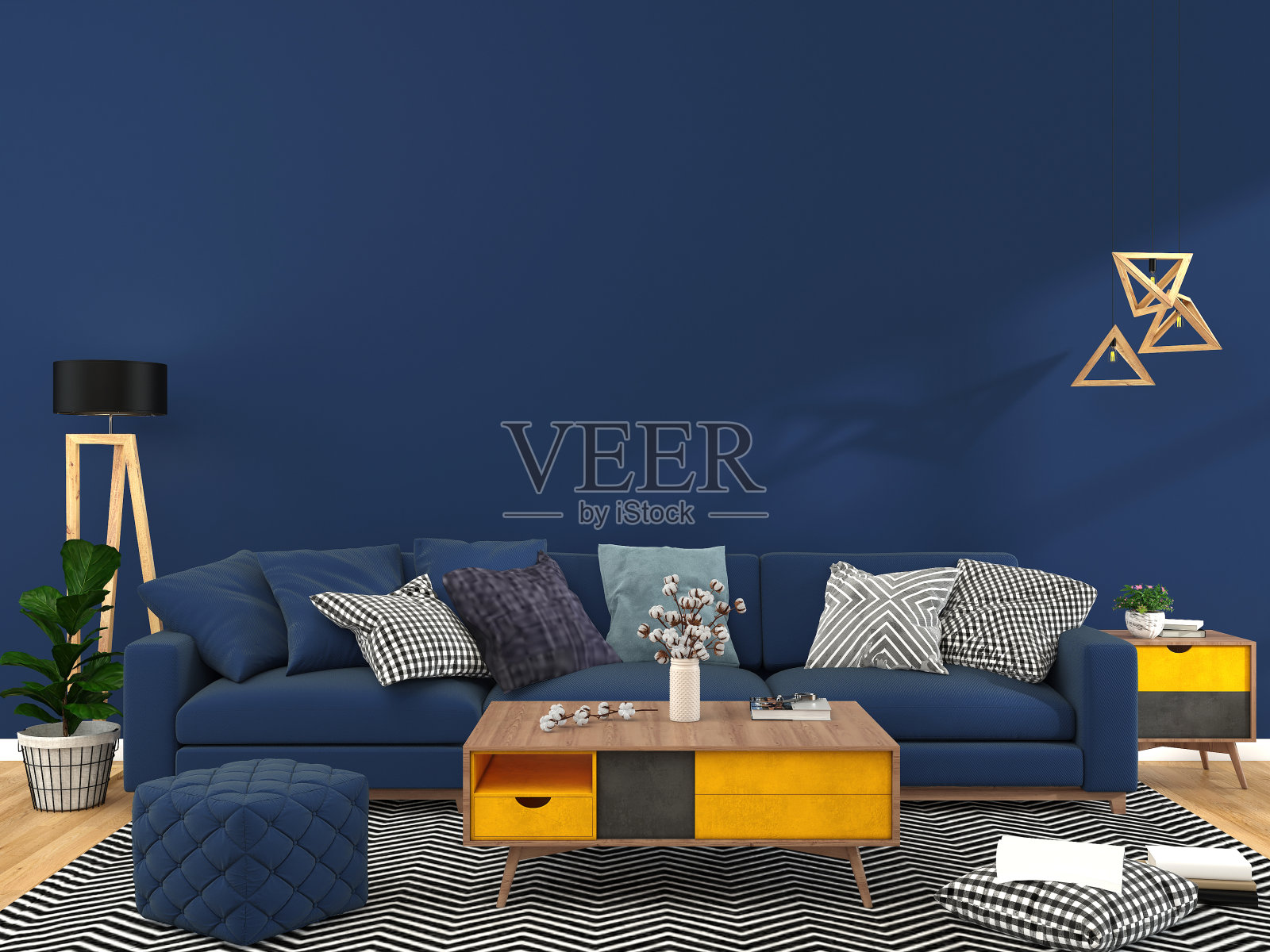 房间里有沙发，旁边放着一盏灯。照片摄影图片