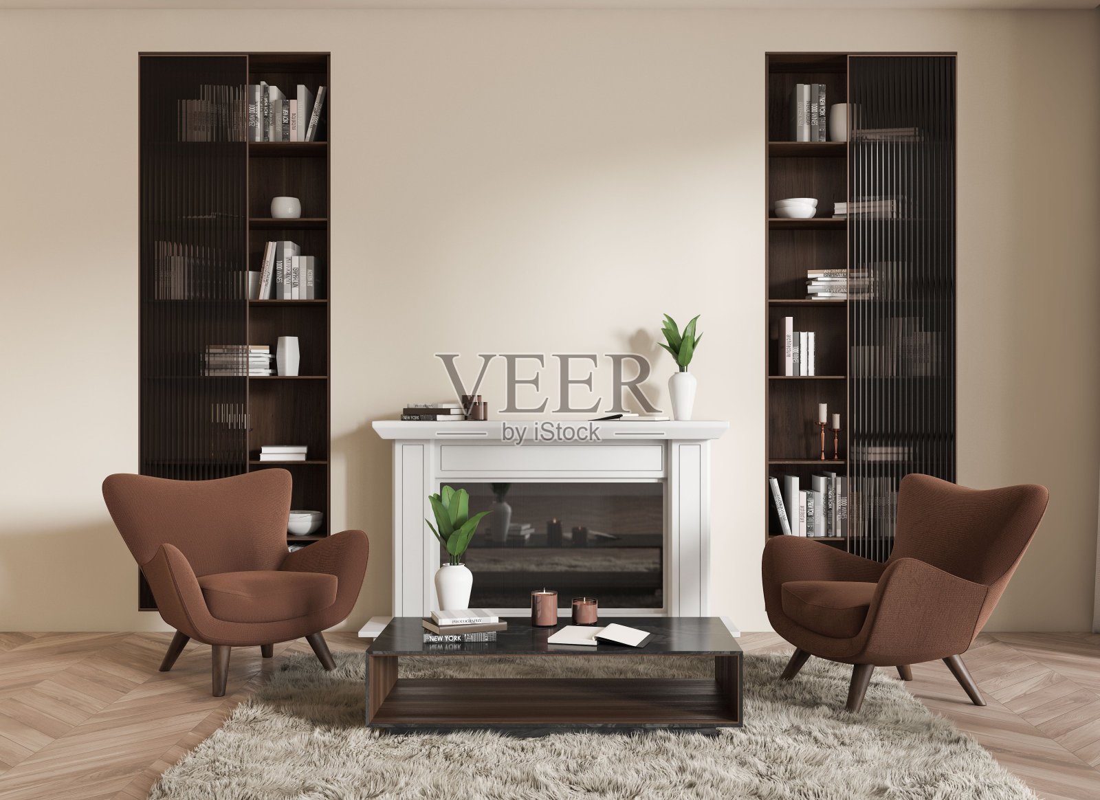 米色会议内饰有座椅、壁炉和架子。模型空墙照片摄影图片