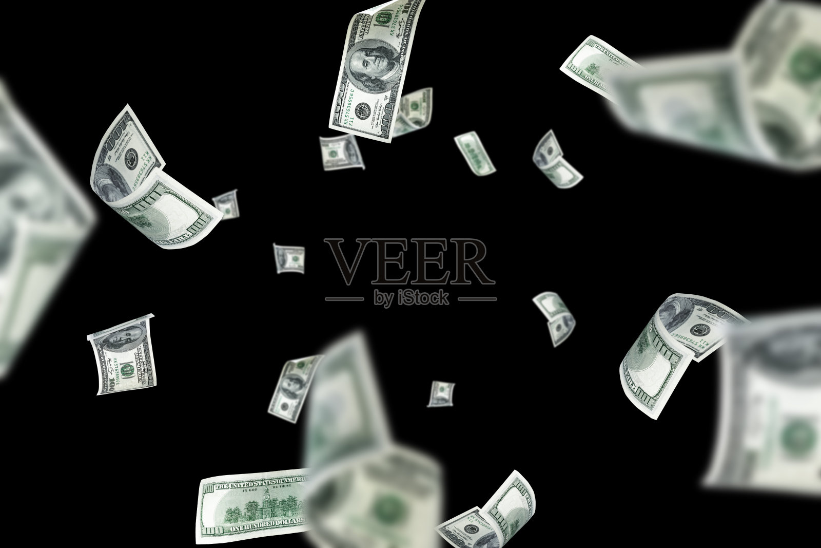 美元的钞票。华盛顿美国现金。美元黑底。钱在下降。照片摄影图片