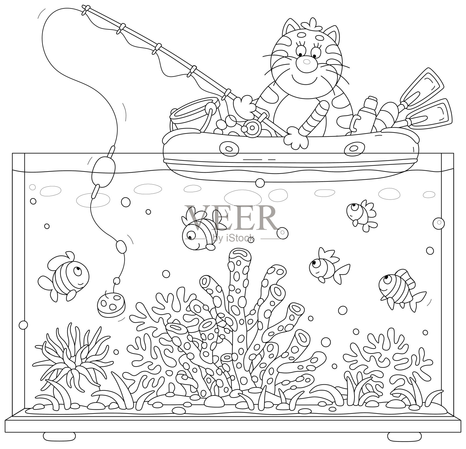 有趣的猫在充气船在水族馆钓鱼插画图片素材