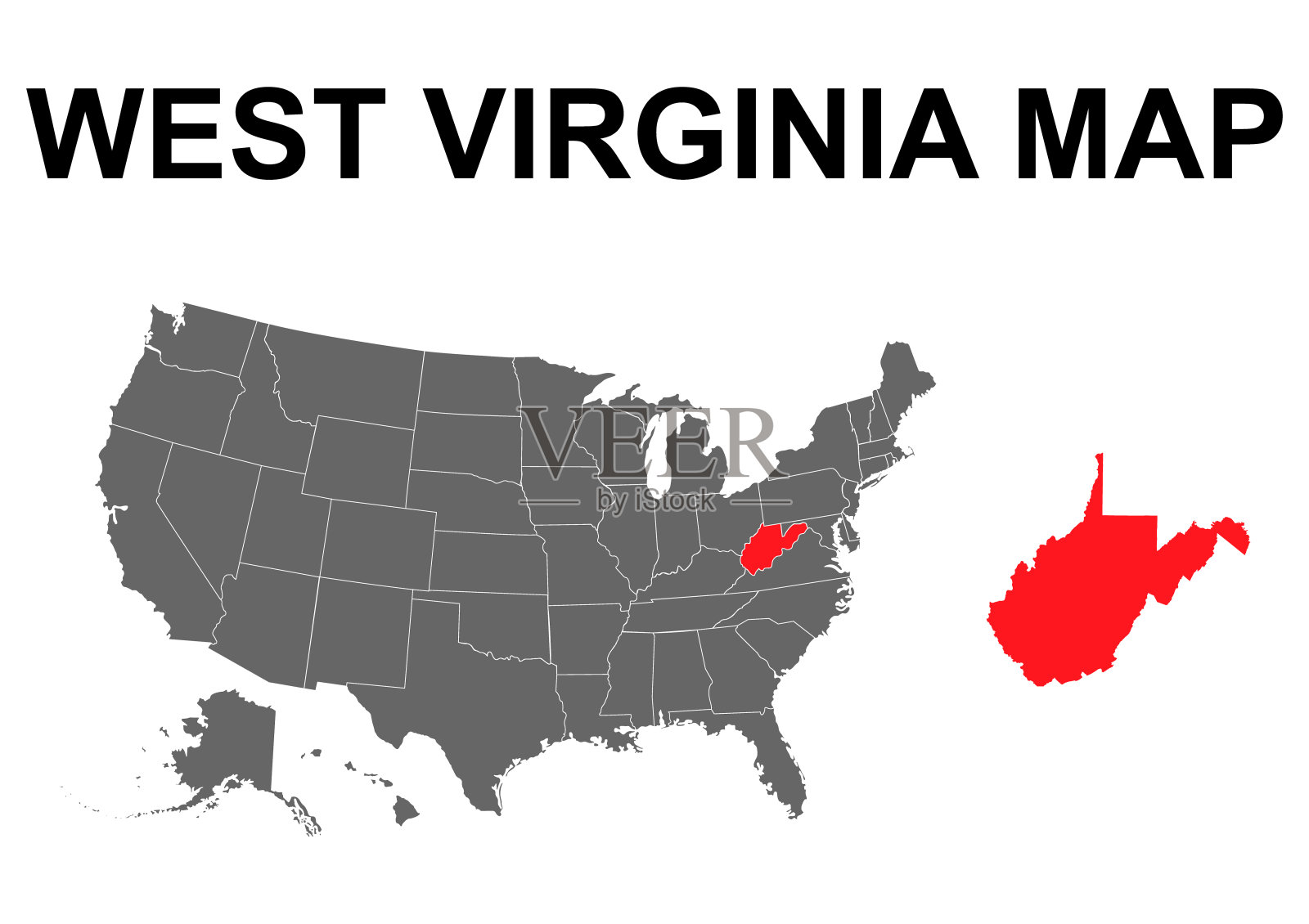 西弗吉尼亚州地图形状，美利坚合众国。平面概念图标符号矢量插图插画图片素材