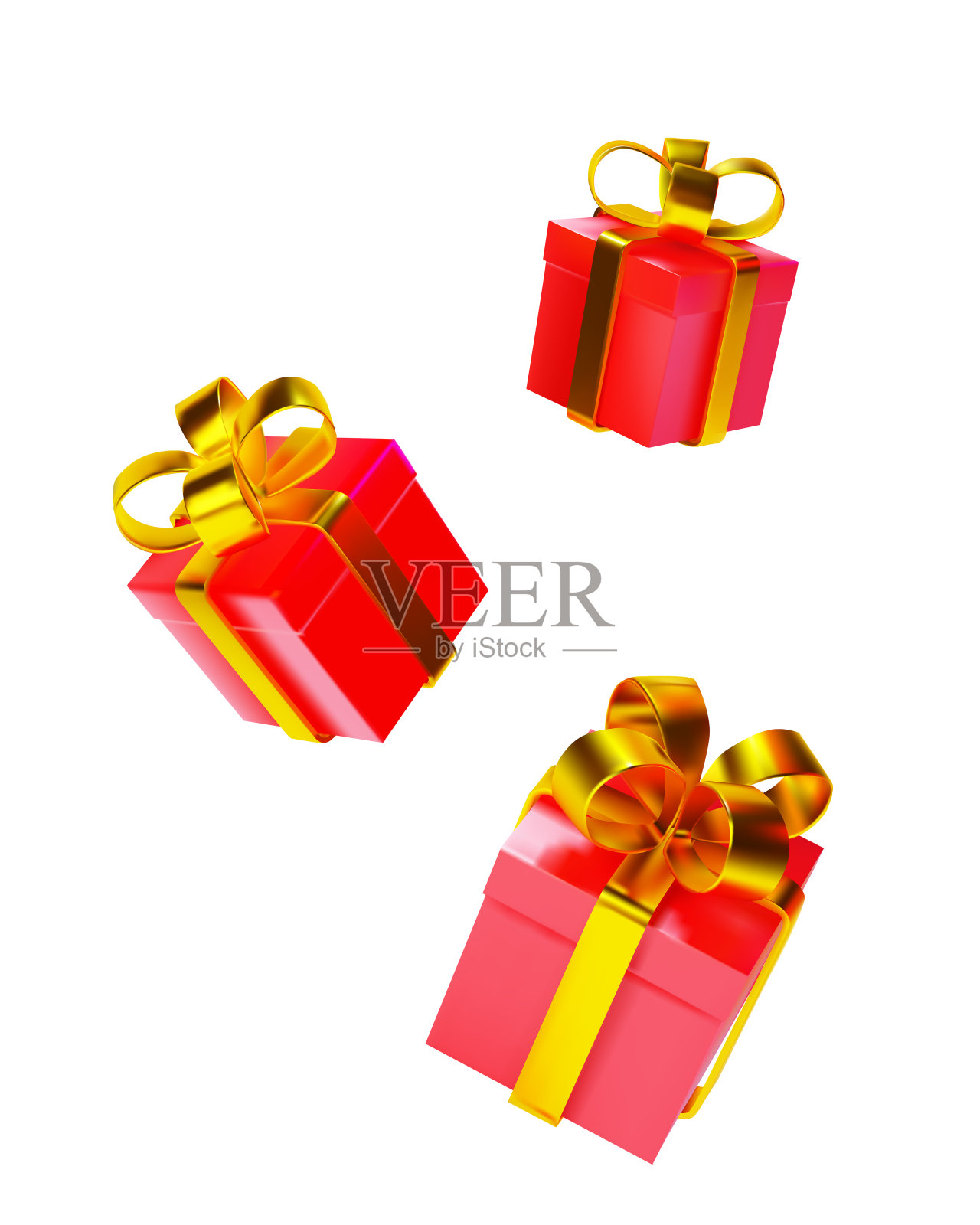 红色浮动礼盒与金色蝴蝶结在一个孤立的背景。3 d渲染。矢量图插画图片素材