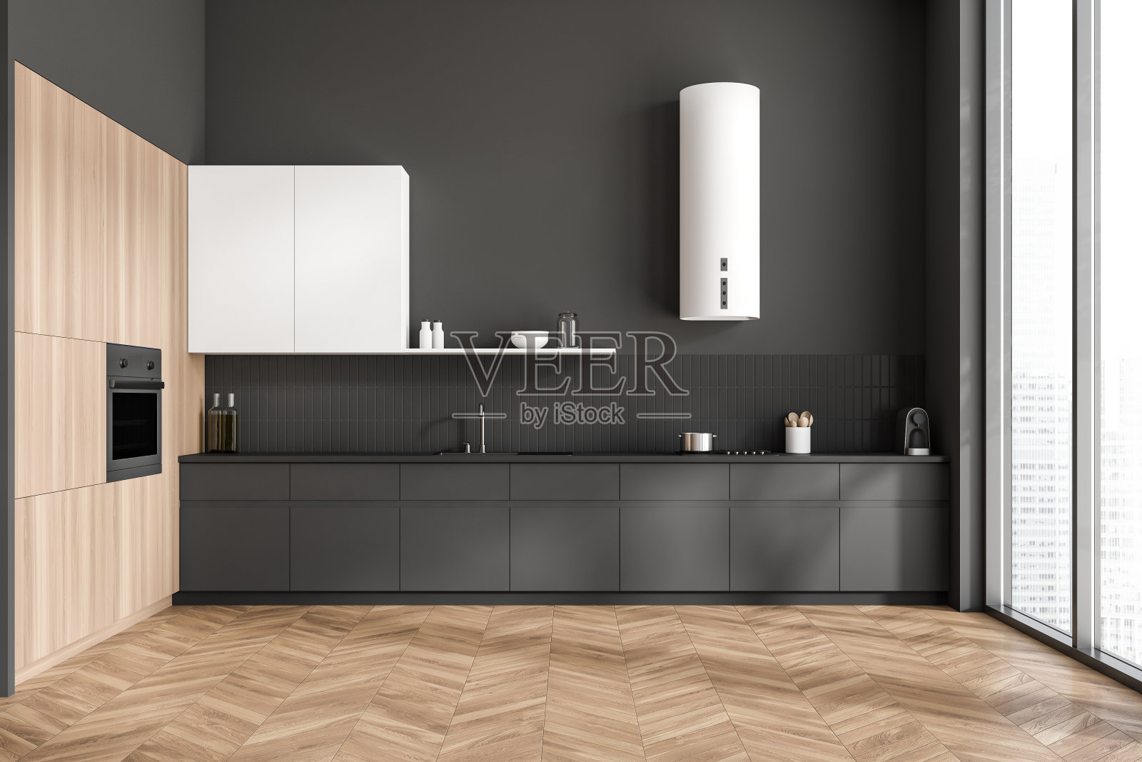 木质厨房内部有架子和厨房用具，烹饪区和窗户照片摄影图片