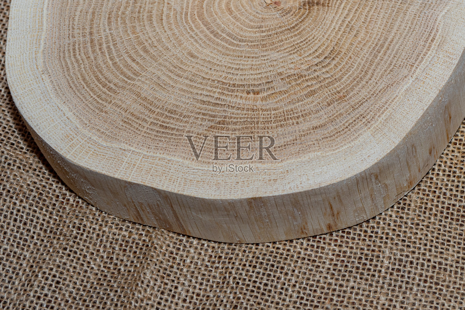 木桩、横截面、切木树干切片。木质托盘上粗麻布背景照片摄影图片