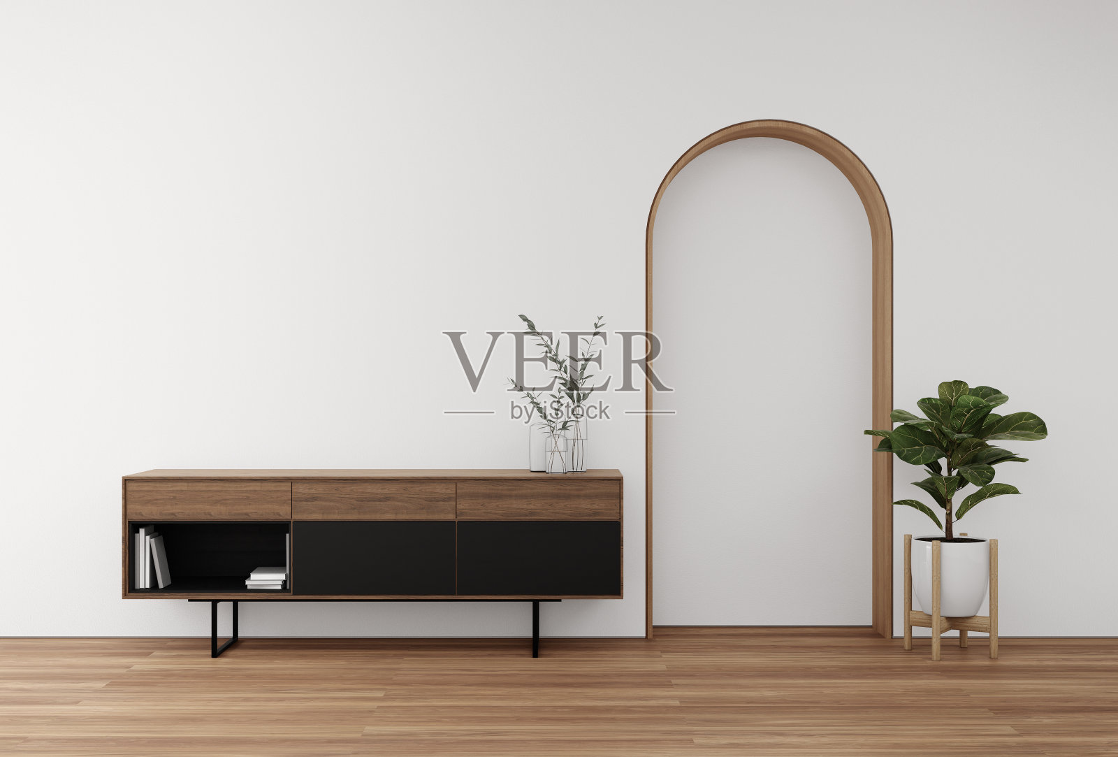 白色拱形壁龛墙，木质橱柜和室内植物。室内客厅3d效果图照片摄影图片