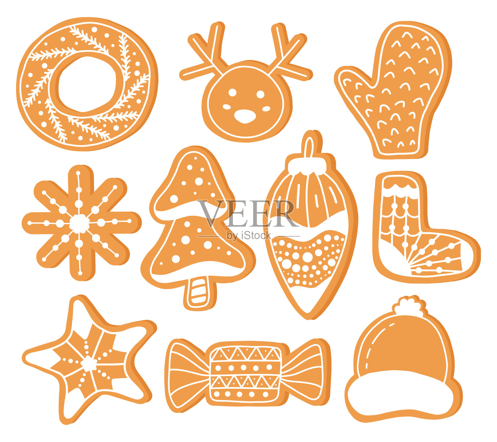 姜饼涂鸦平面图标设置孤立的白色背景。传统甜食。圣诞装饰。插画图片素材
