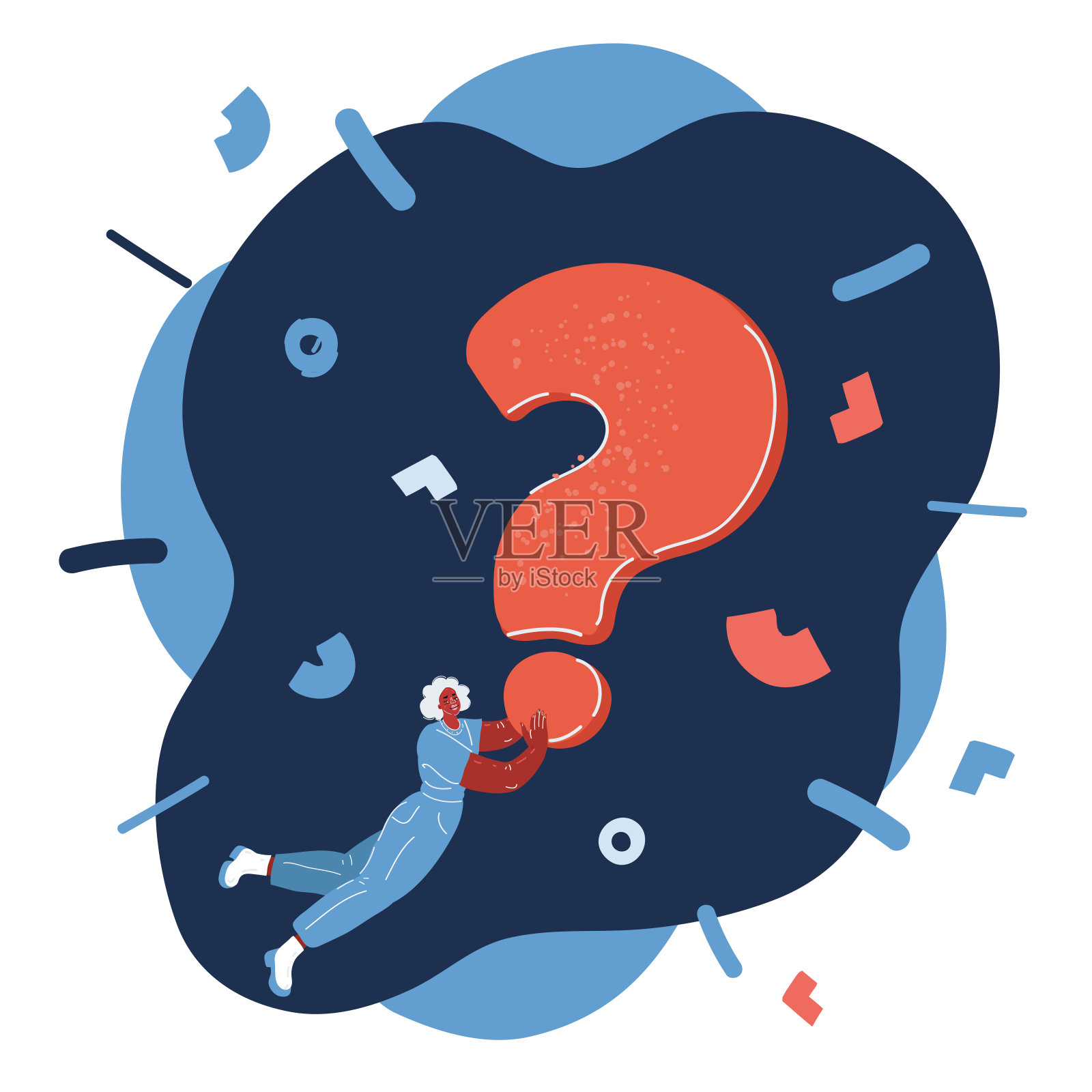 大红色问题的卡通矢量插图。女人带着问号飞。插画图片素材