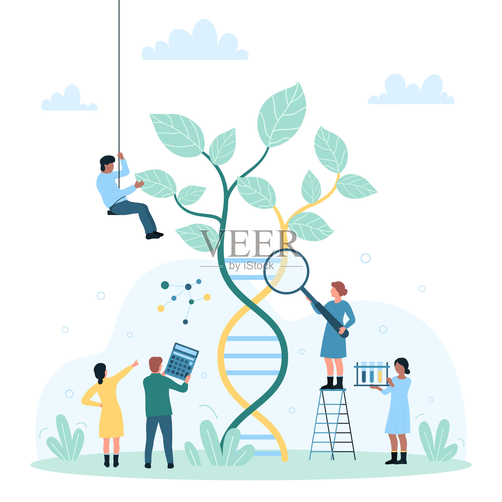 基因研究和科学发现染色体和基因，微小的人检验植物插画图片素材
