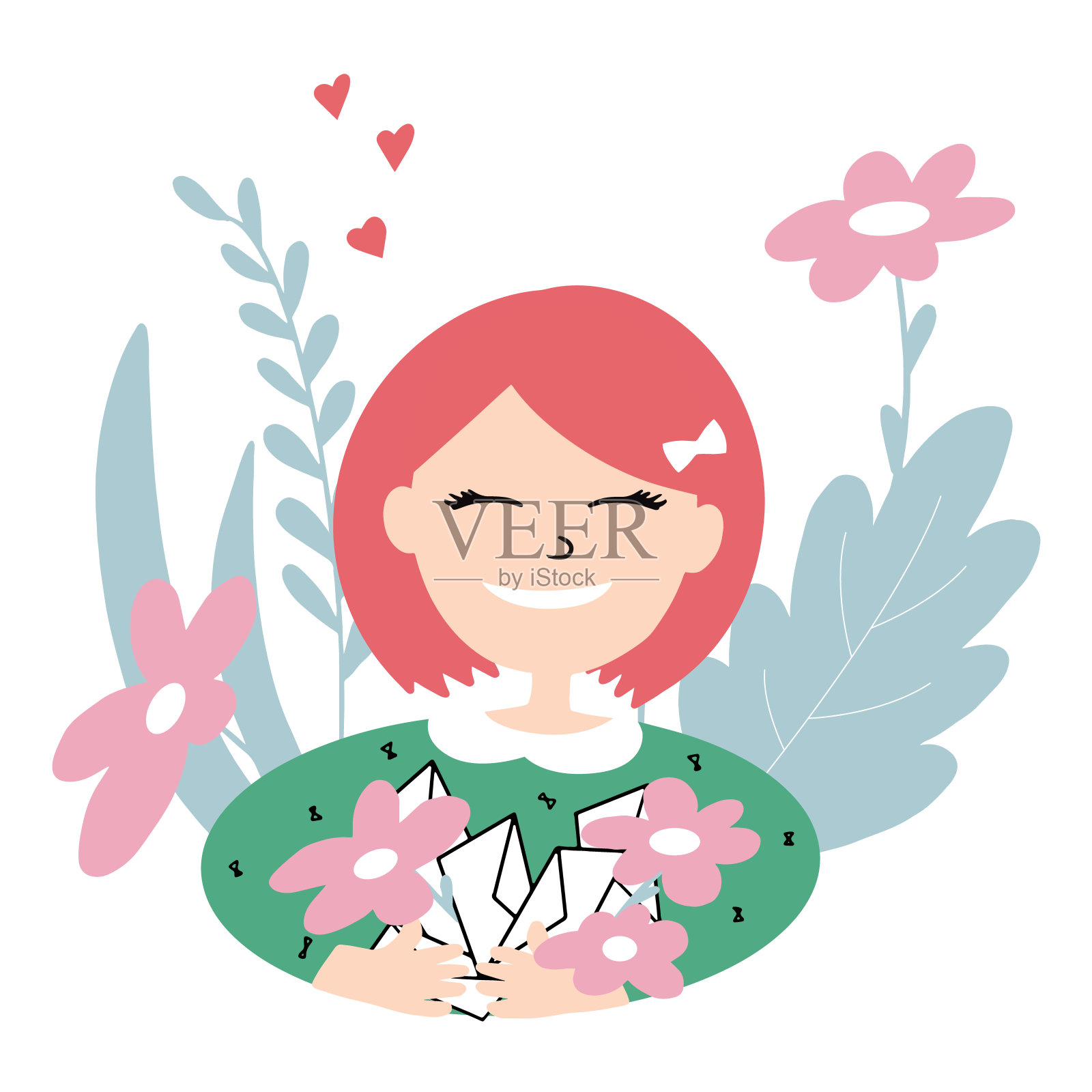 快乐可爱的女孩手里拿着花和纸信。情人节插画图片素材