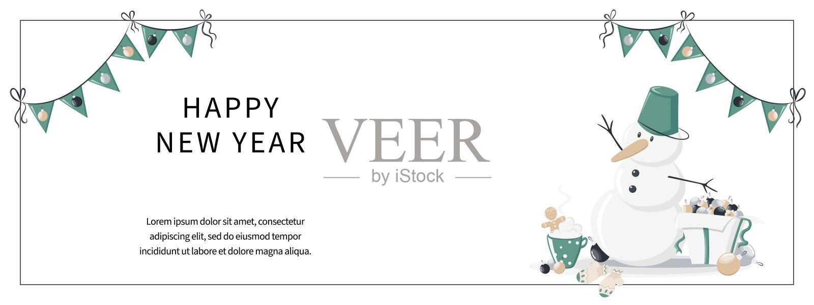 可爱和舒适的新年，圣诞横幅花环，巧克力，姜饼，雪人，礼盒，玻璃球。矢量插图的产品设计，横幅，卡片卡通涂鸦风格设计模板素材