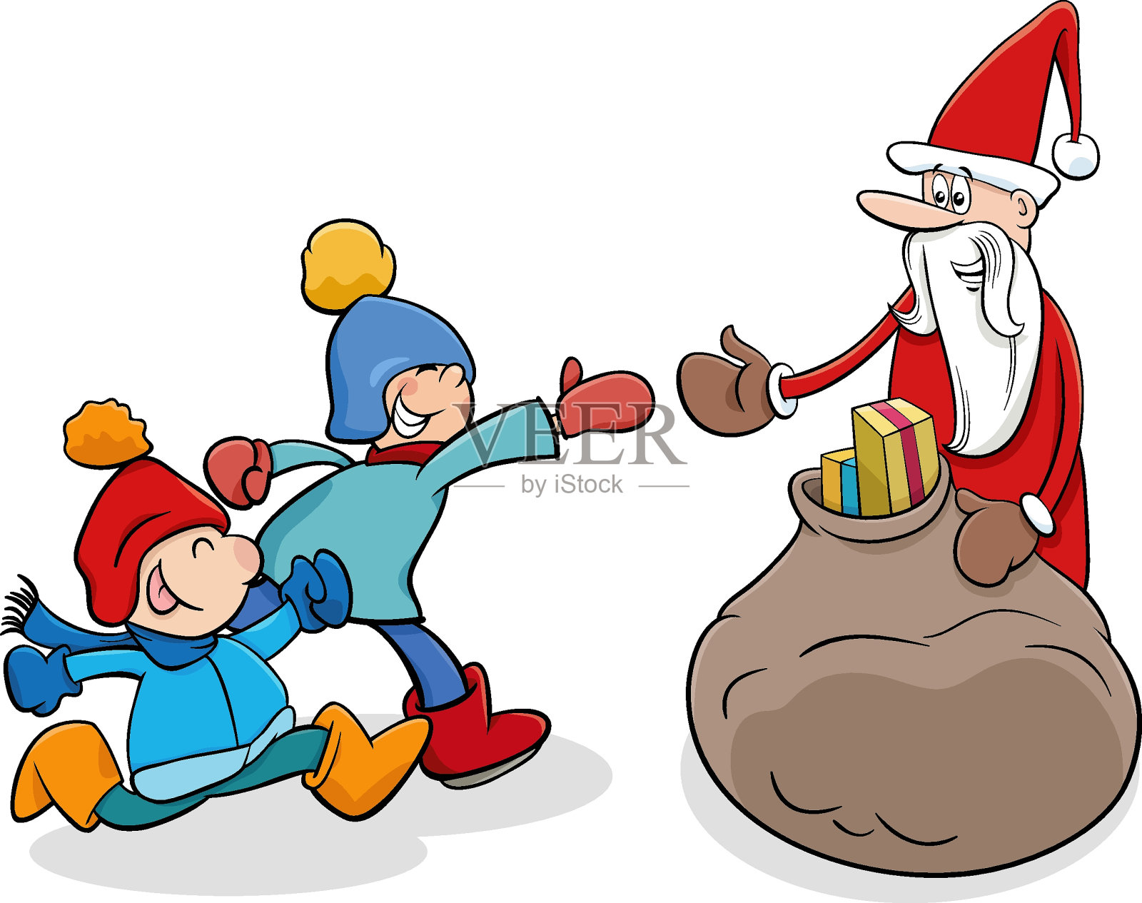 卡通圣诞老人给孩子们送圣诞礼物插画图片素材