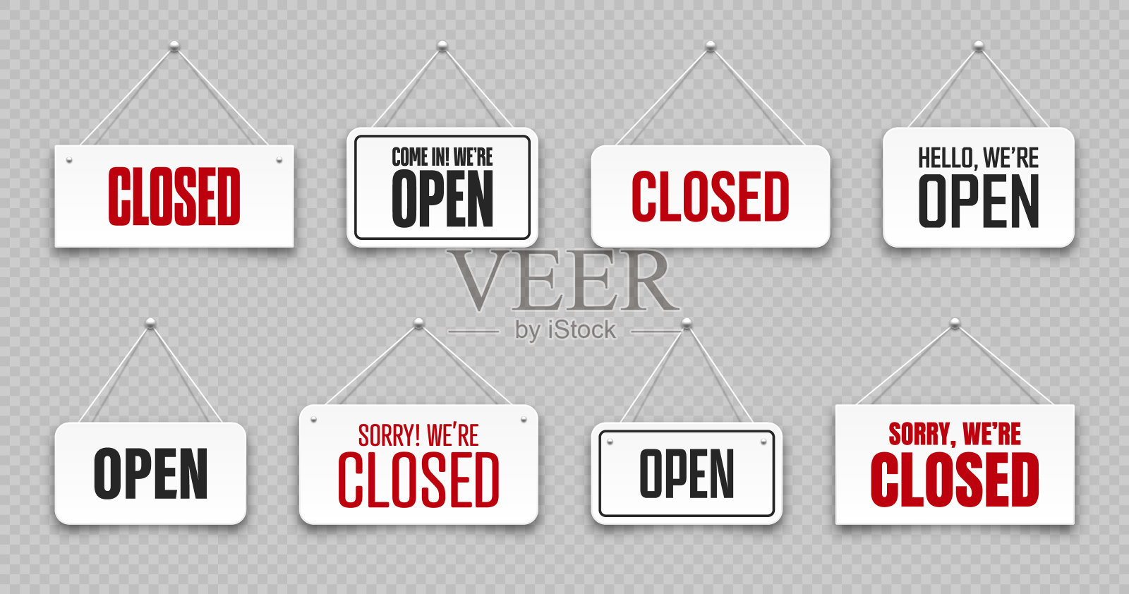 逼真的打开或关闭的悬挂招牌。咖啡馆，餐厅，酒吧或零售商店的复古门标牌。商业或服务的公告横幅、信息标牌。矢量图插画图片素材