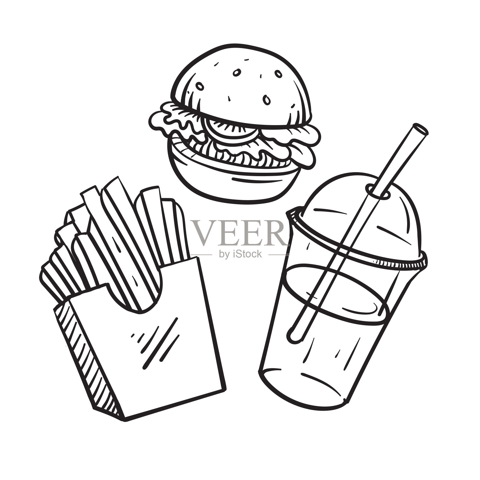 汉堡包、炸薯条和苏打水。快餐套餐。矢量插图在涂鸦风格。插画图片素材