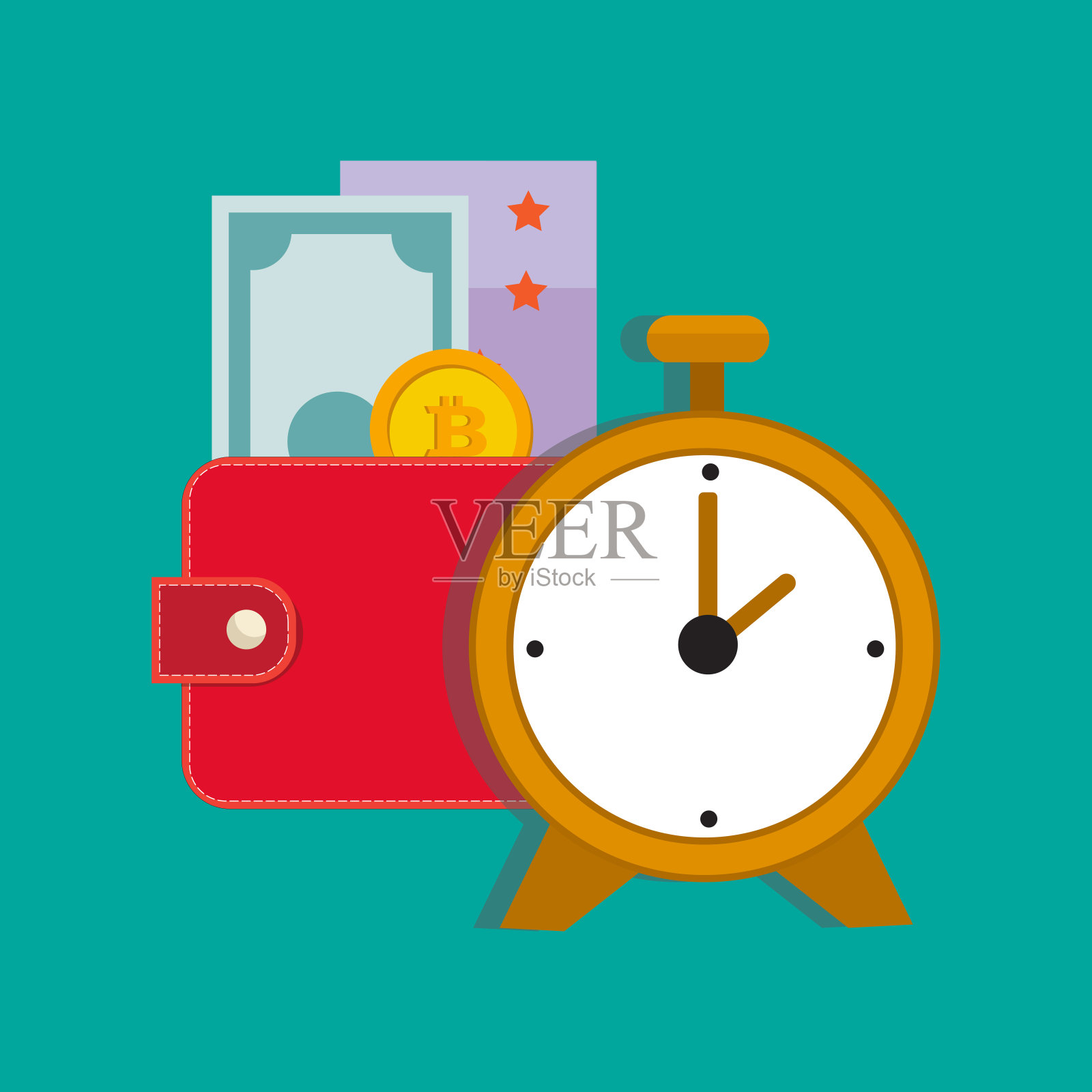 时间流逝，金钱流动。时间就是金钱。投资的钱。平面向量插图。插画图片素材