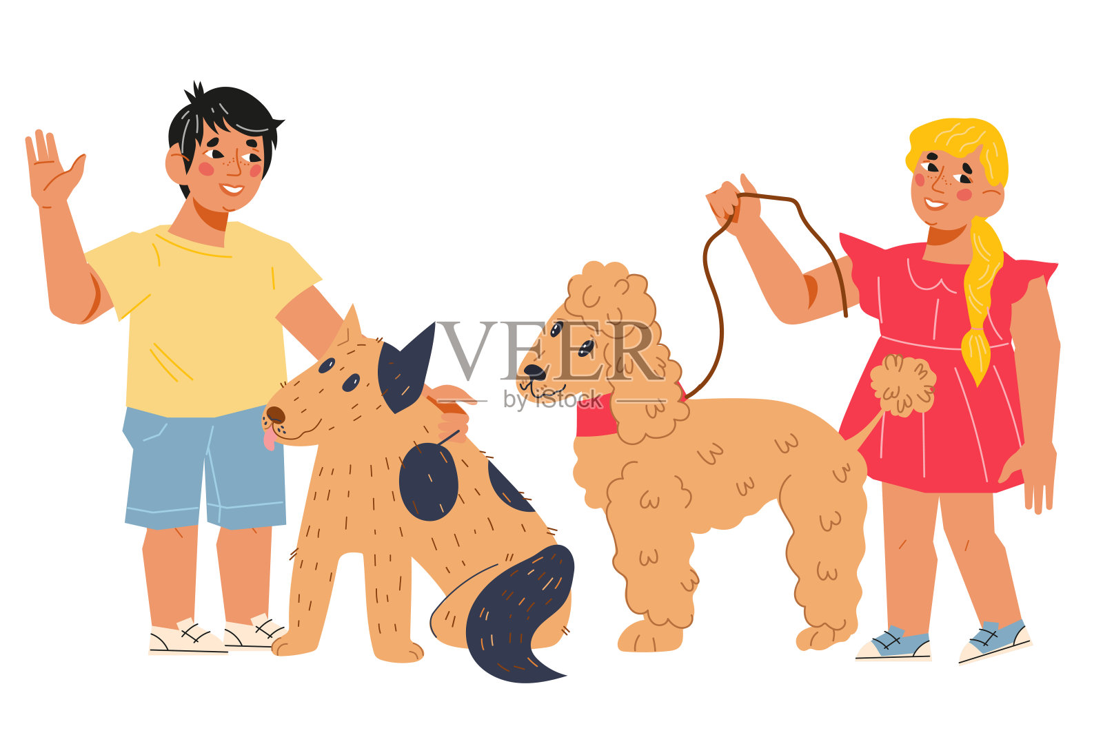 快乐的孩子和他们的狗。孩子们喜欢动物，媒介被孤立。插画图片素材