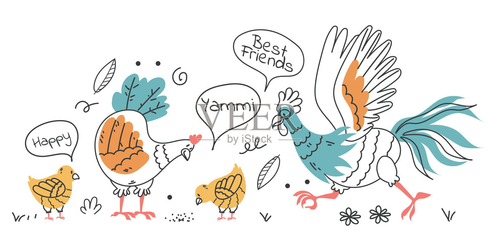 鸡鸡鸡鸡农场鸟动物抽象概念集。矢量平面设计插画元素插画图片素材