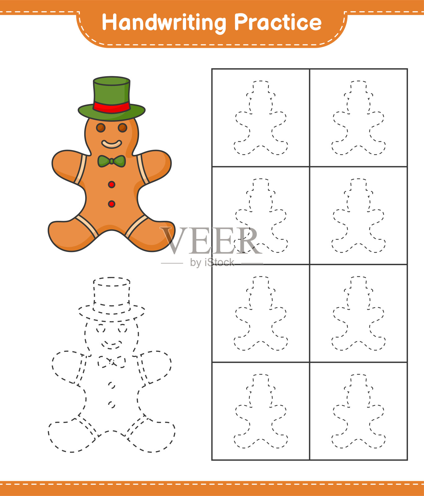 书法练习。画出姜饼人的线条。教育儿童游戏，可打印的工作表，矢量插图插画图片素材