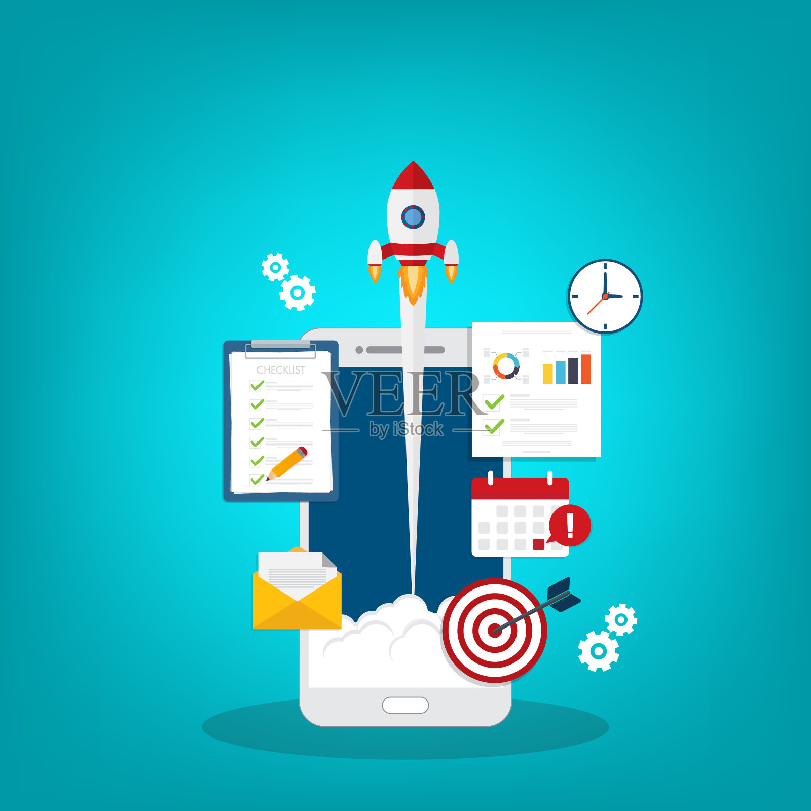 应用程序启动。创业矢量概念，平面卡通火箭或火箭飞船发射，手机或智能手机，成功创业项目的创意，助推技术，创新。插画图片素材