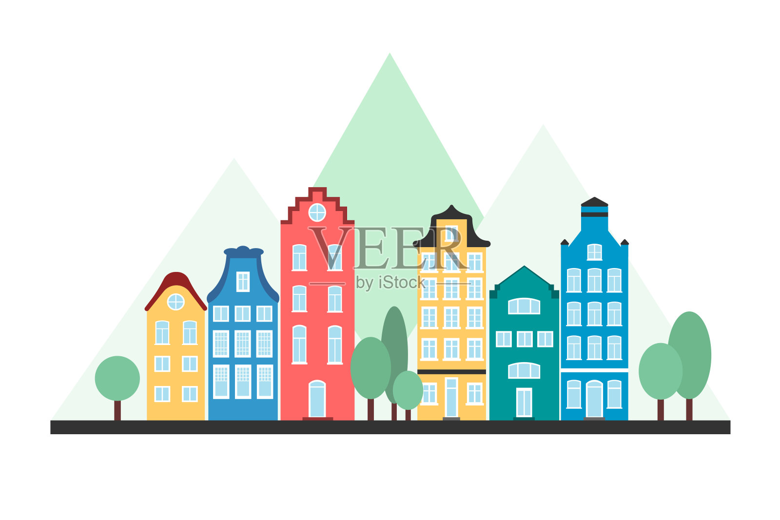 夏季城市景观和山峰的平面插画插画图片素材