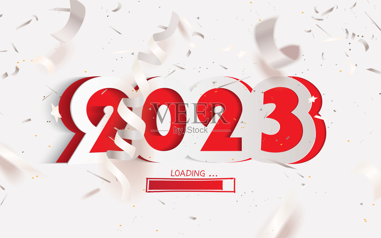 2023年新年快乐卡剪纸风格与银色和白色的五彩纸屑为季节性的圣诞节日问候和邀请卡加载年插画图片素材