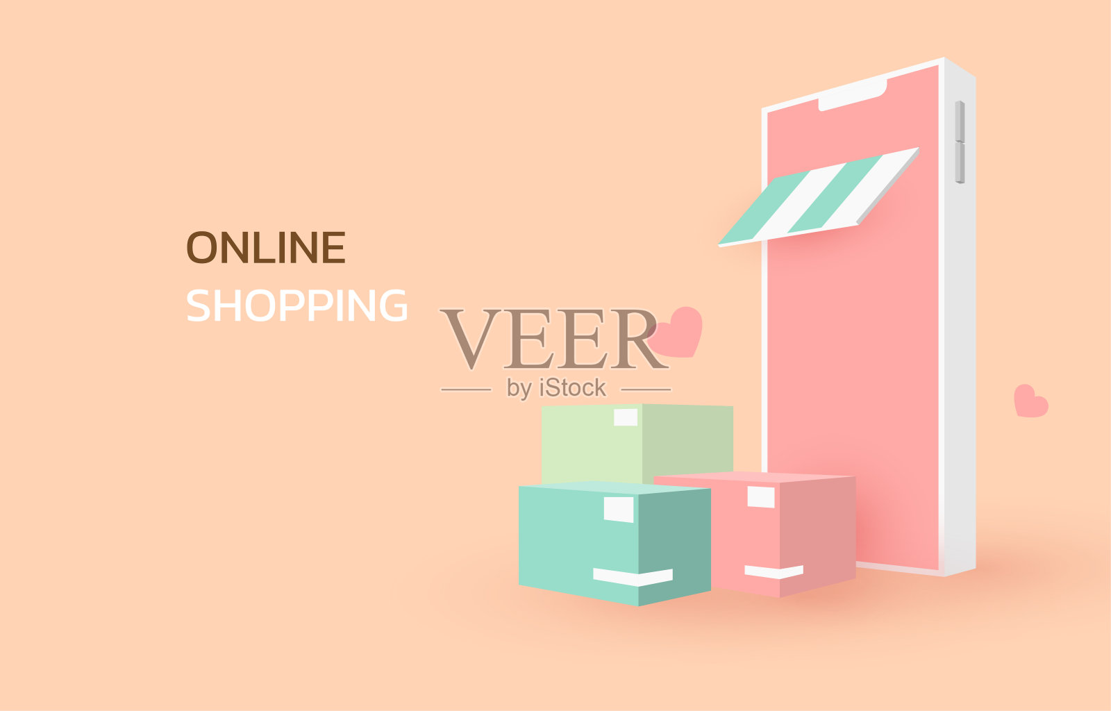 网上购物，智能手机，包裹盒子，透视风格。矢量插图。插画图片素材