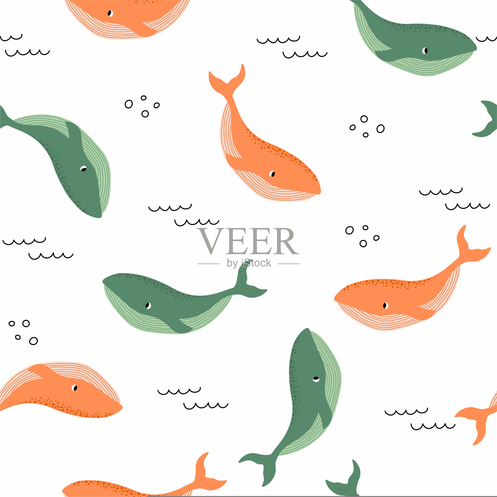 矢量无缝模式与鲸鱼。水下卡通动物。海洋背景。可爱的海洋图案的织物，儿童服装，纺织品，包装纸设计元素图片