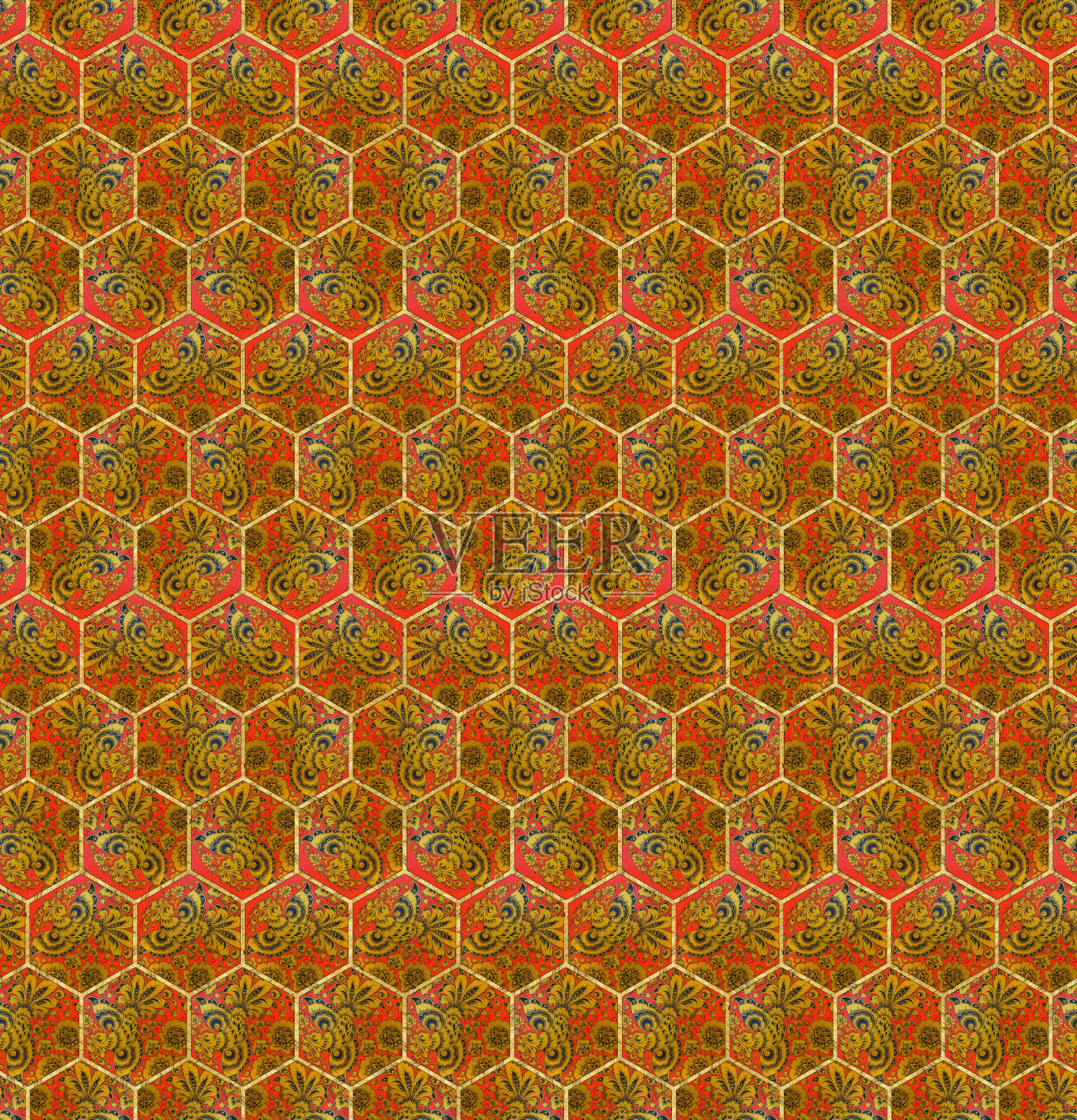 六边形无缝纹理。镶嵌,镶嵌。彩色玻璃风格的插图。装饰艺术风格。无缝混沌六边形图案。适用于墙纸、纺织印花、瓷砖。大理石纹理。金色的六边形插画图片素材