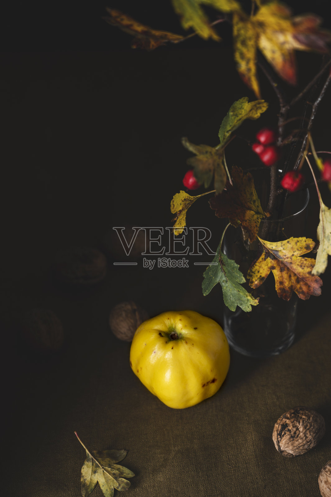 新鲜的榅桲和黄叶构成了秋天的忧郁成分。静物画场景照片摄影图片