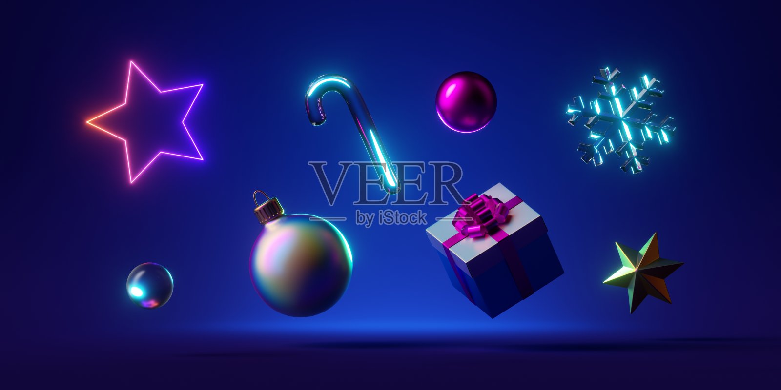 3d渲染，节日的圣诞装饰品与粉红色蓝色霓虹灯照明，孤立在蓝色背景。各种飞行小玩意照片摄影图片