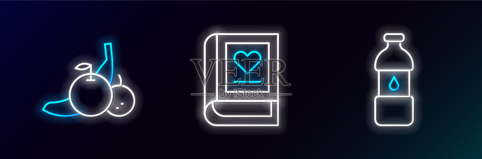 设置行瓶水水果和医药书图标素材