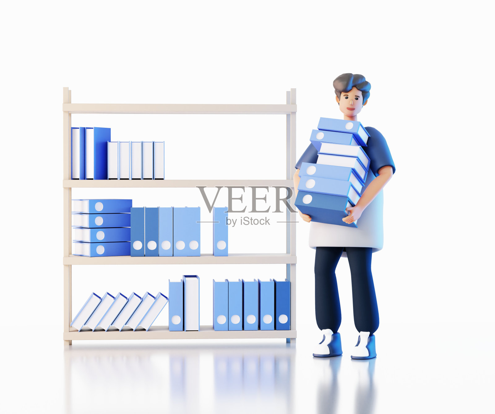 拿着文件夹的年轻商人待在书架旁边。快乐企业工人3D渲染人物插画插画图片素材