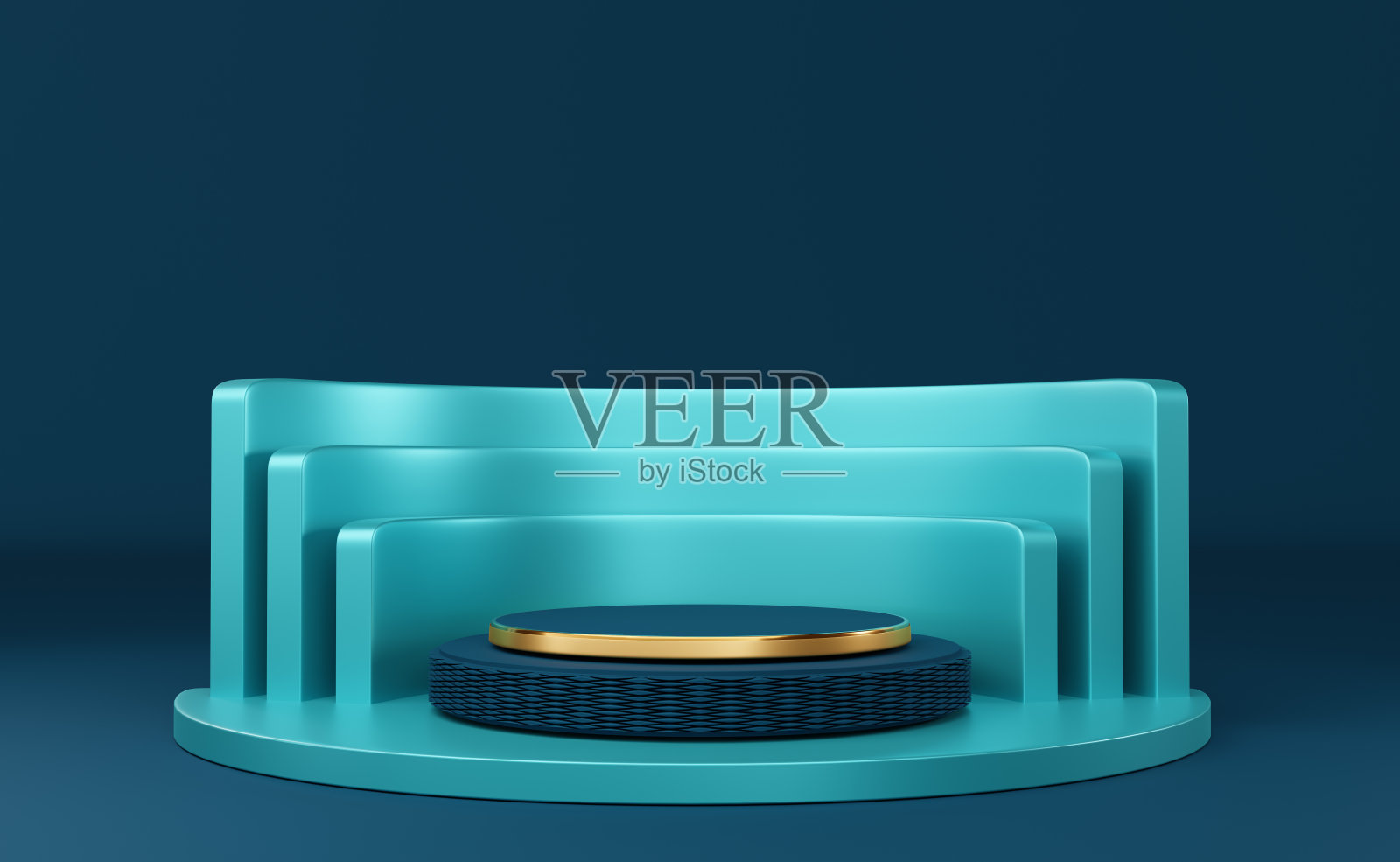 讲台空的几何形状在蓝色组成的现代舞台展示和极简主义的模型，抽象的橱窗背景，概念3d插图或3d渲染照片摄影图片